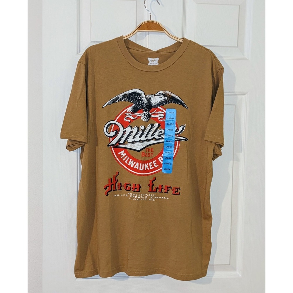 Miller High Life Men's Tee Graphic T Shirt Dark Gold Size L Beverage‎ Graphic